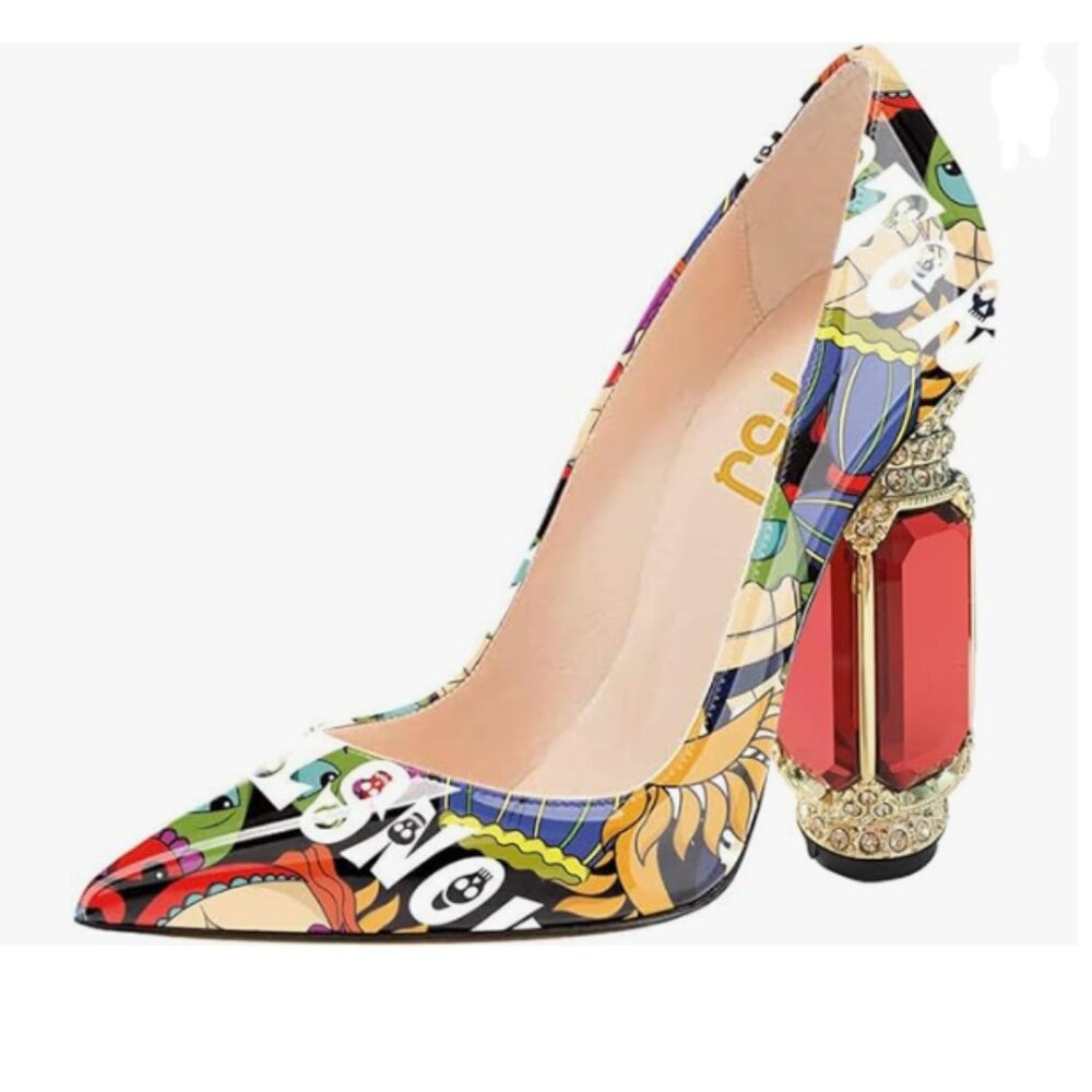 FSJ Cartoon Bridal Pointed Toe Chunky High Heel Crystal Slip on Wedding Pumps